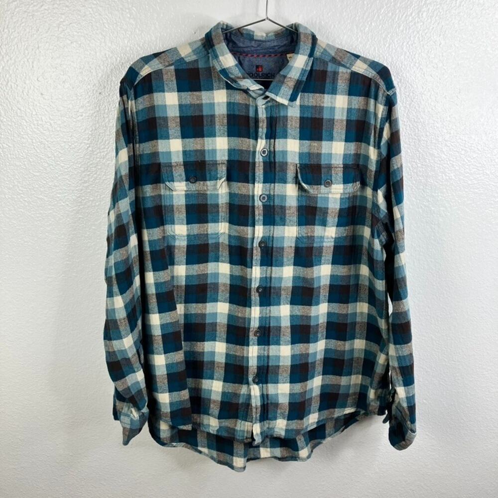 Woolrich Plaid Flannel Button Up Long Sleeve Shirt Mens XXL Blue Herringbone
